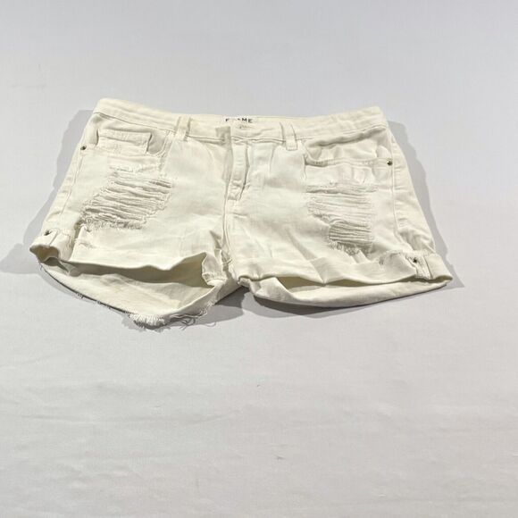 Frame Women Denim Jean White Mini Shorts Le Grand Garcon Distressed Rolled Sz 28 - Picture 1 of 13